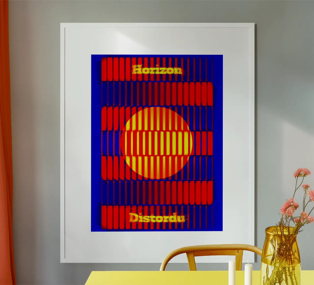 Un orizzonte solare distorto da barre luminose poster con telaio in legno da Sarah Mauriaucourt