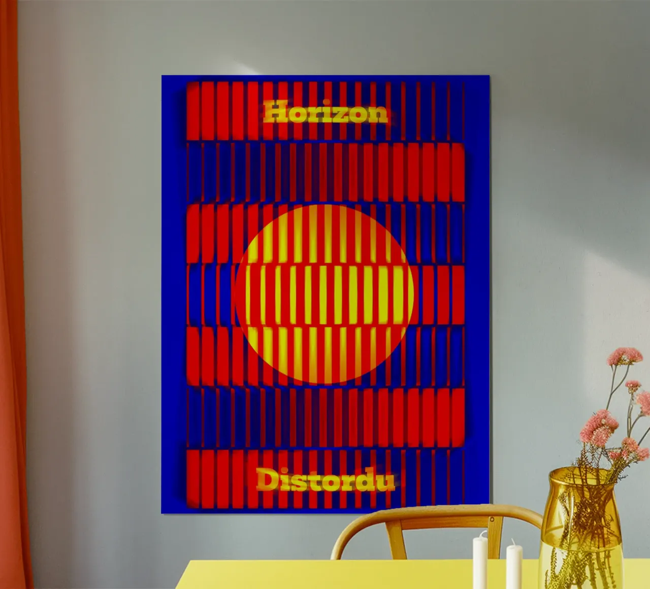 Un orizzonte solare distorto da barre luminose poster con telaio in legno da Sarah Mauriaucourt