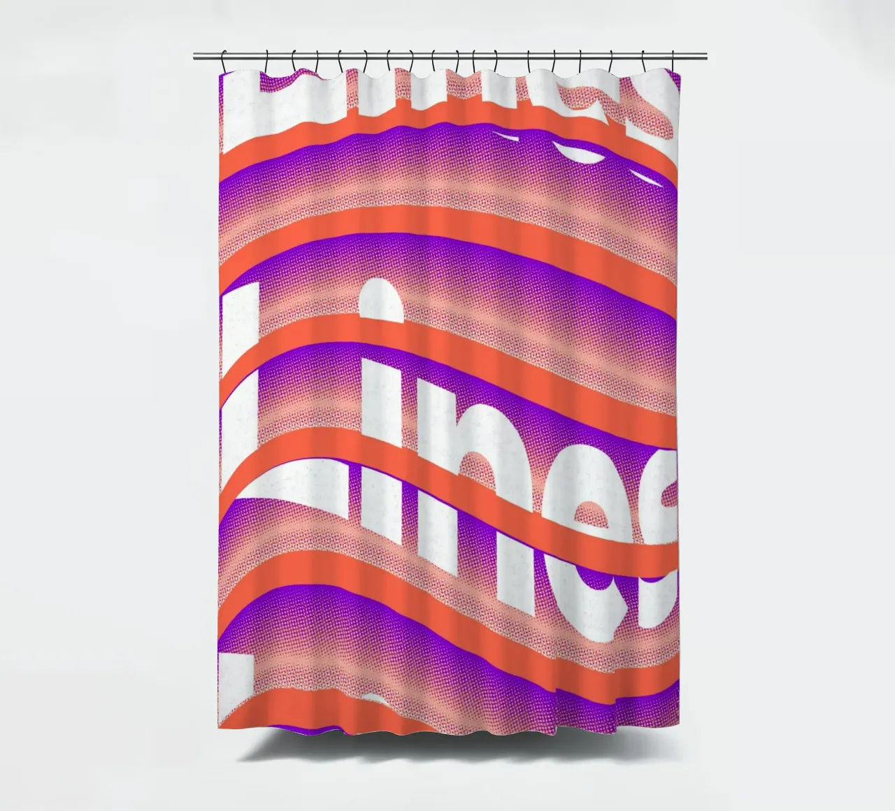 Typographic distortion in an undulating rhythm shower curtain by Sarah Mauriaucourt