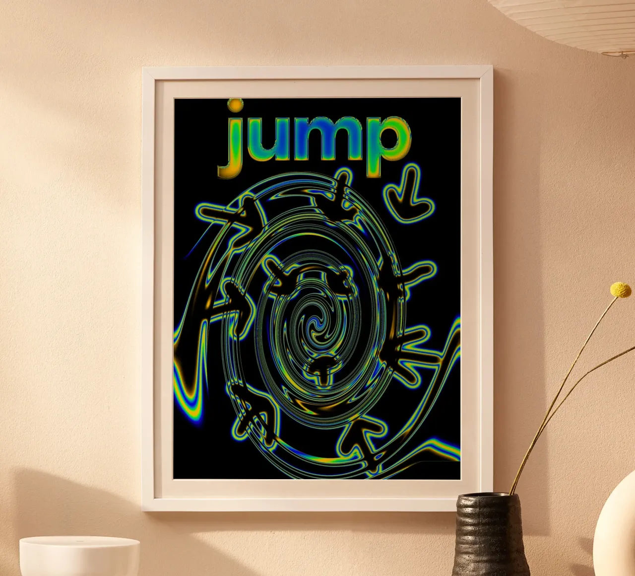 Spirale nera attraversata da sagome con frecce poster con telaio in legno da Sarah Mauriaucourt