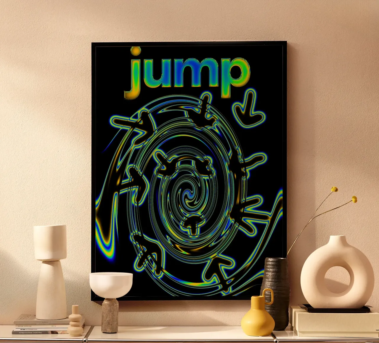 Spirale nera attraversata da sagome con frecce poster con telaio in legno da Sarah Mauriaucourt