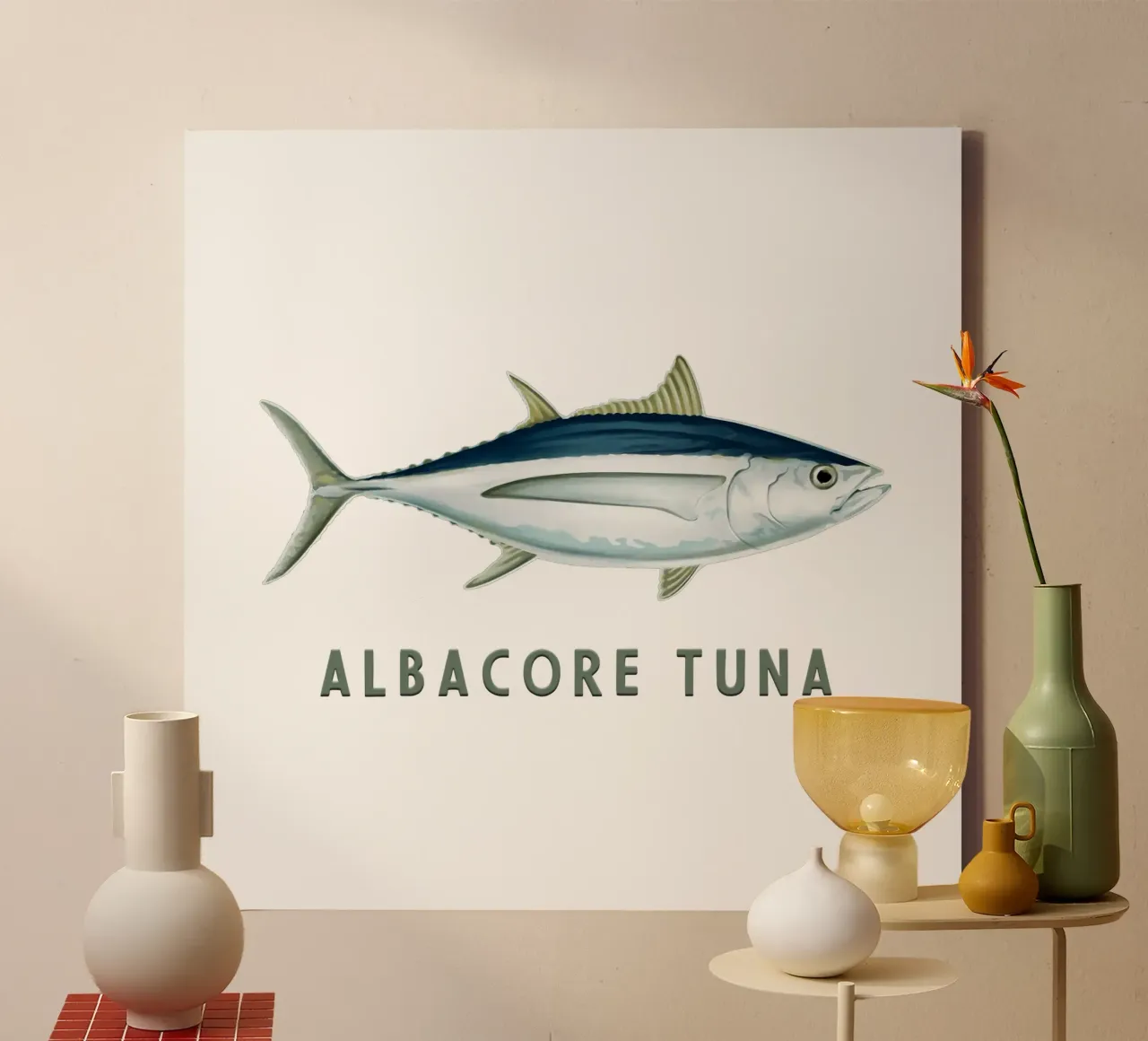 Atún blanco Pescado de agua salada lienzo con Marco flotante de singpentinksale