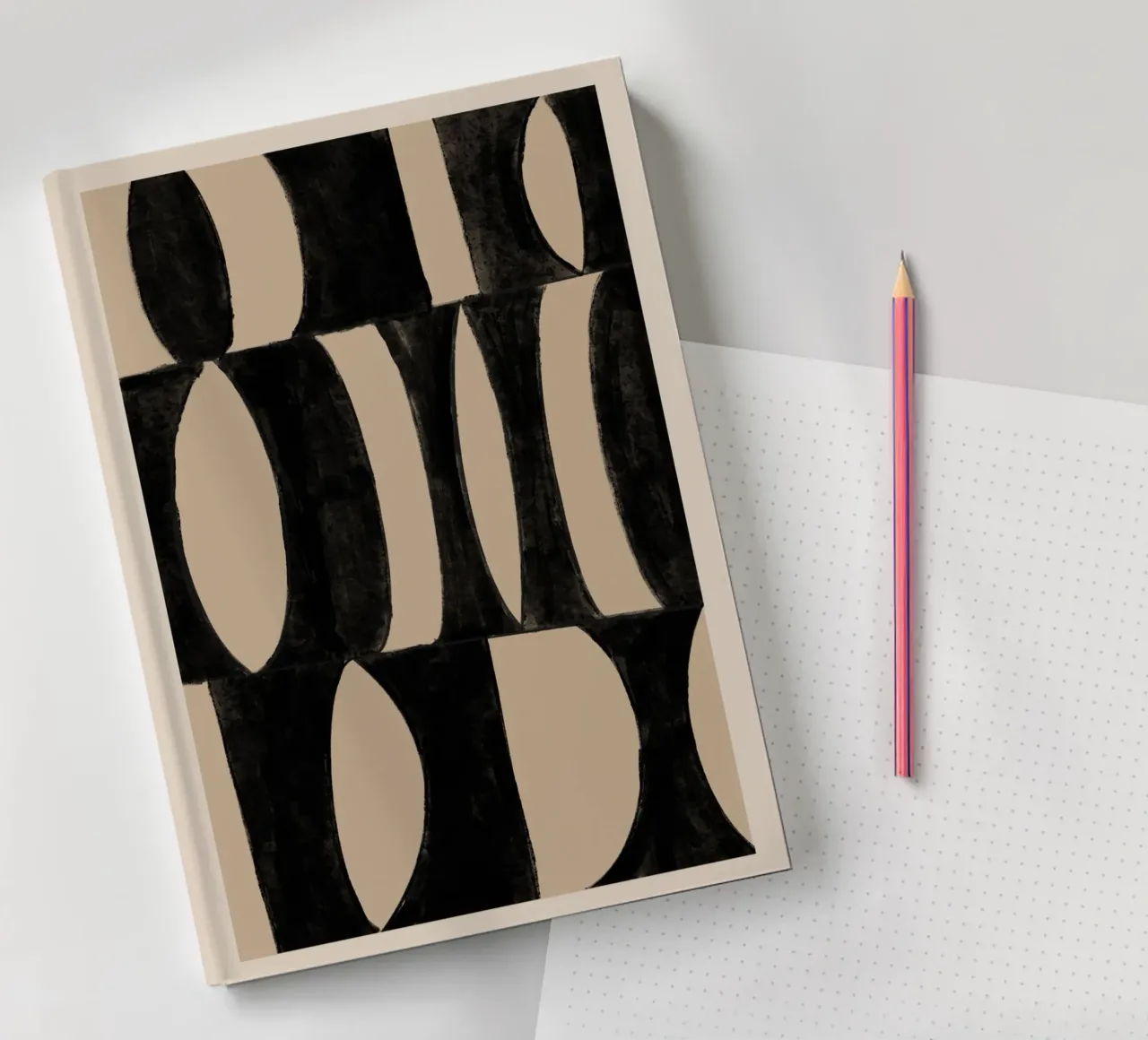 Abstract Black & Beige Geometric Art Print notebook by Melloi Art Print