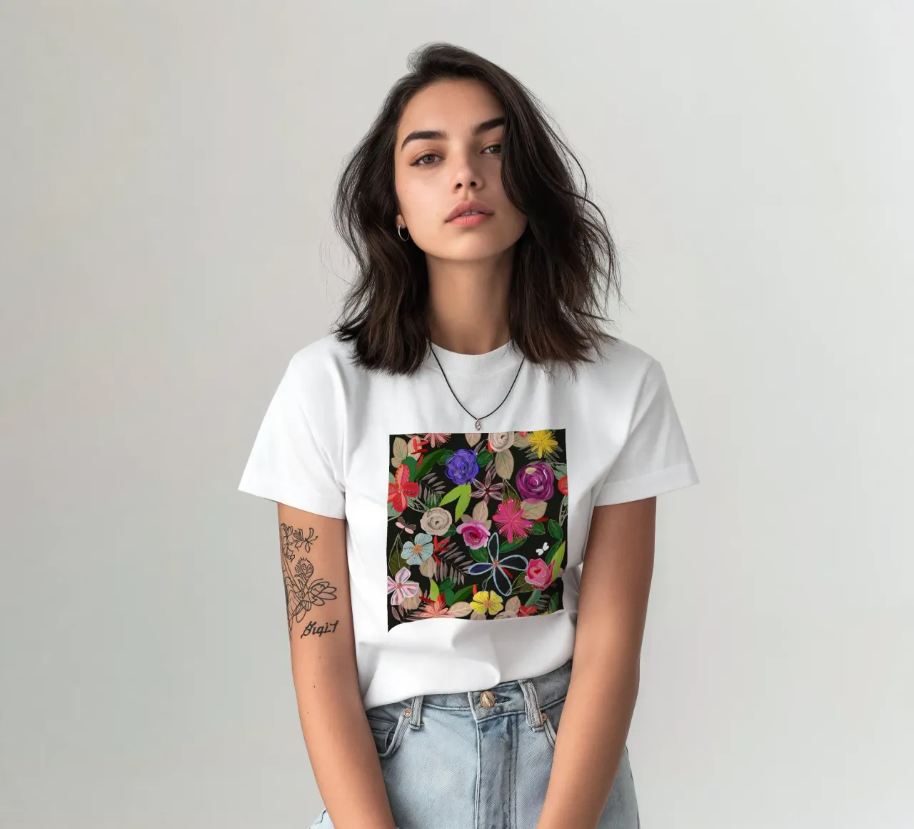 Vivid colorful botanical flowers pattern with black backgrnd t-shirt by gulsengunel