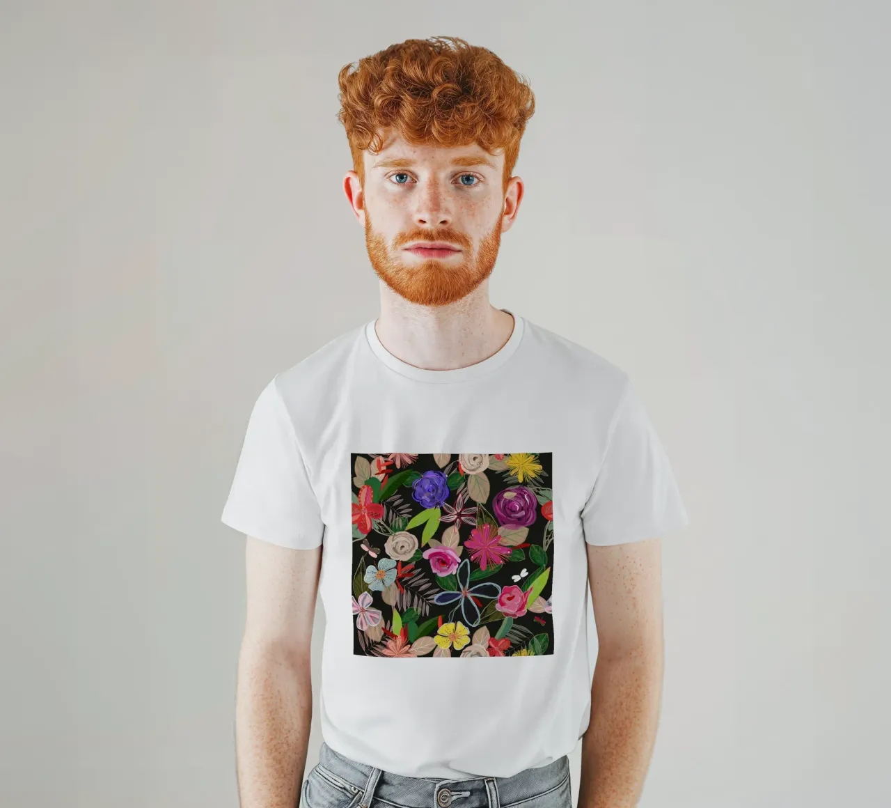 Vivid colorful botanical flowers pattern with black backgrnd t-shirt by gulsengunel
