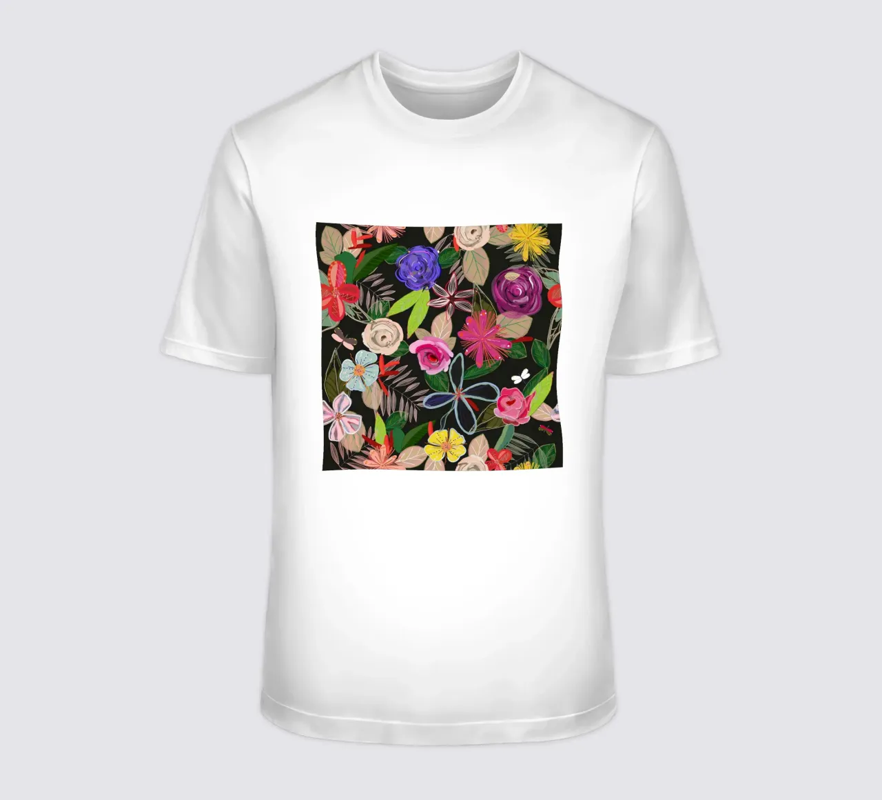 Vivid colorful botanical flowers pattern with black backgrnd t-shirt by gulsengunel