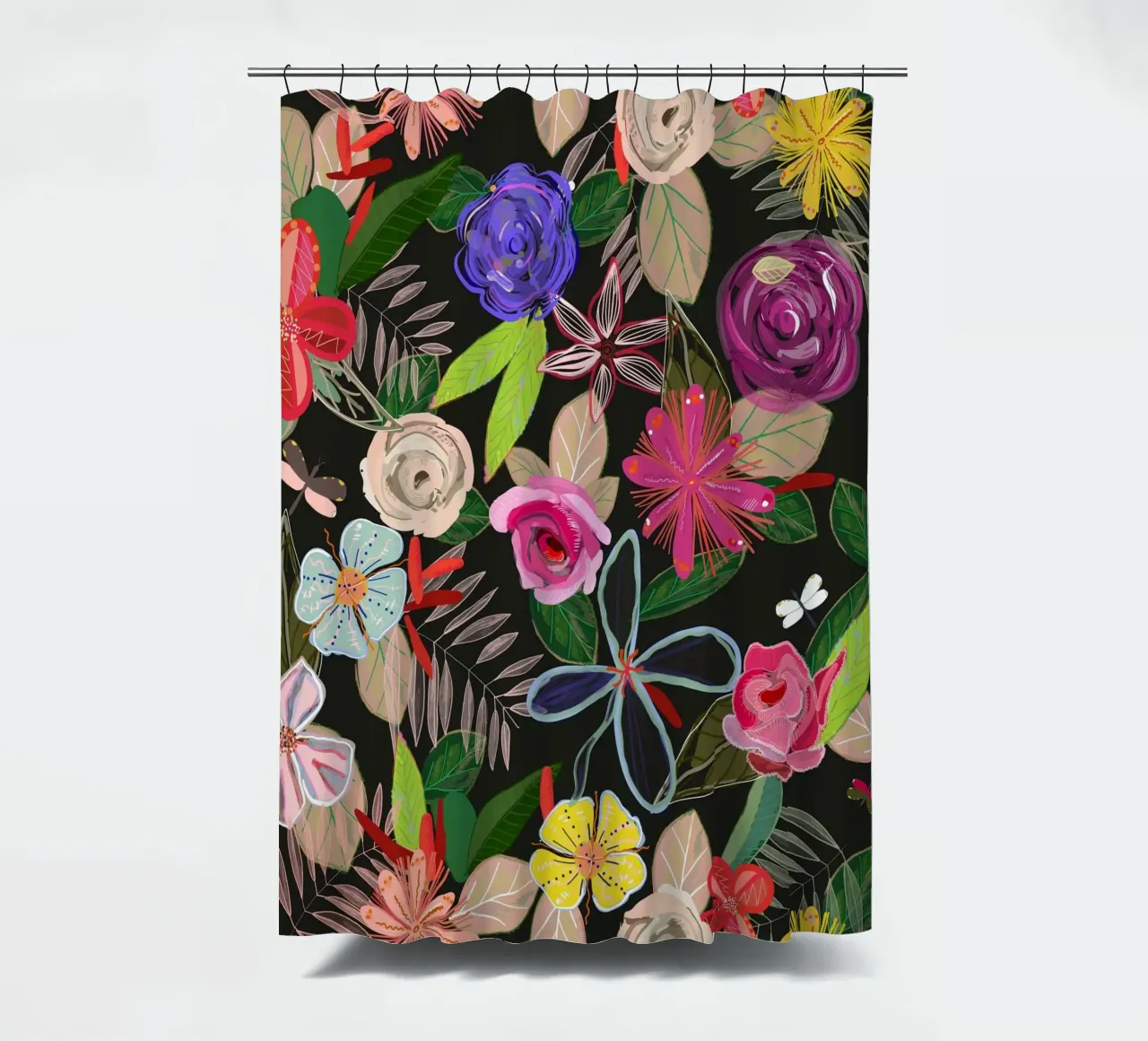 Vivid colorful botanical flowers pattern with black backgrnd shower curtain by gulsengunel