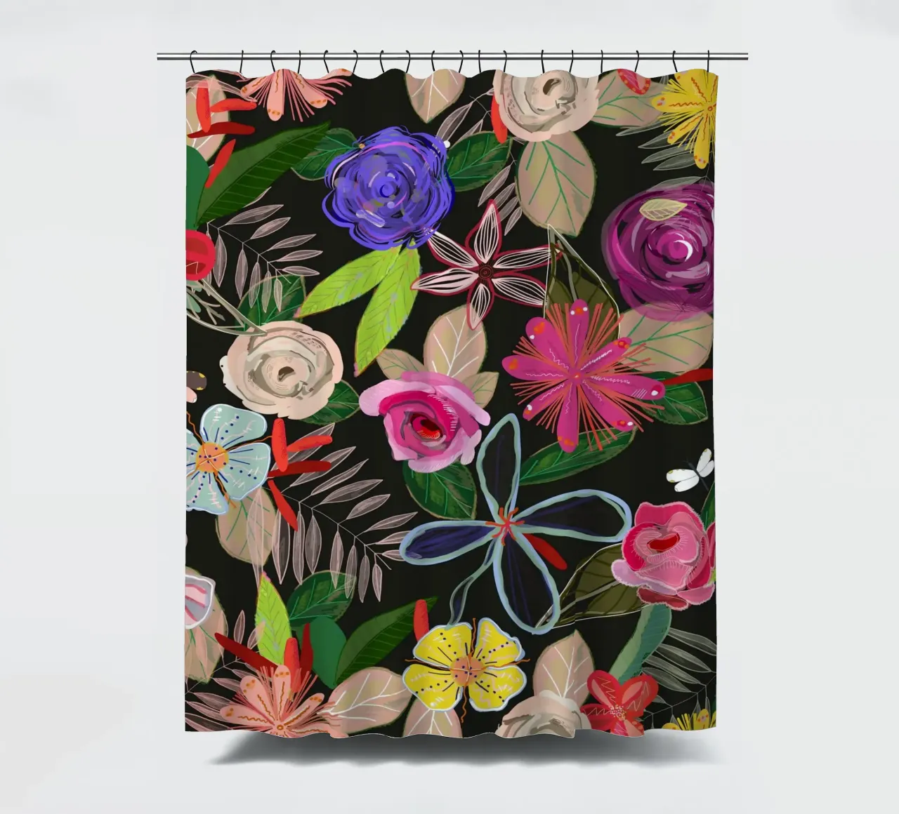 Vivid colorful botanical flowers pattern with black backgrnd shower curtain by gulsengunel
