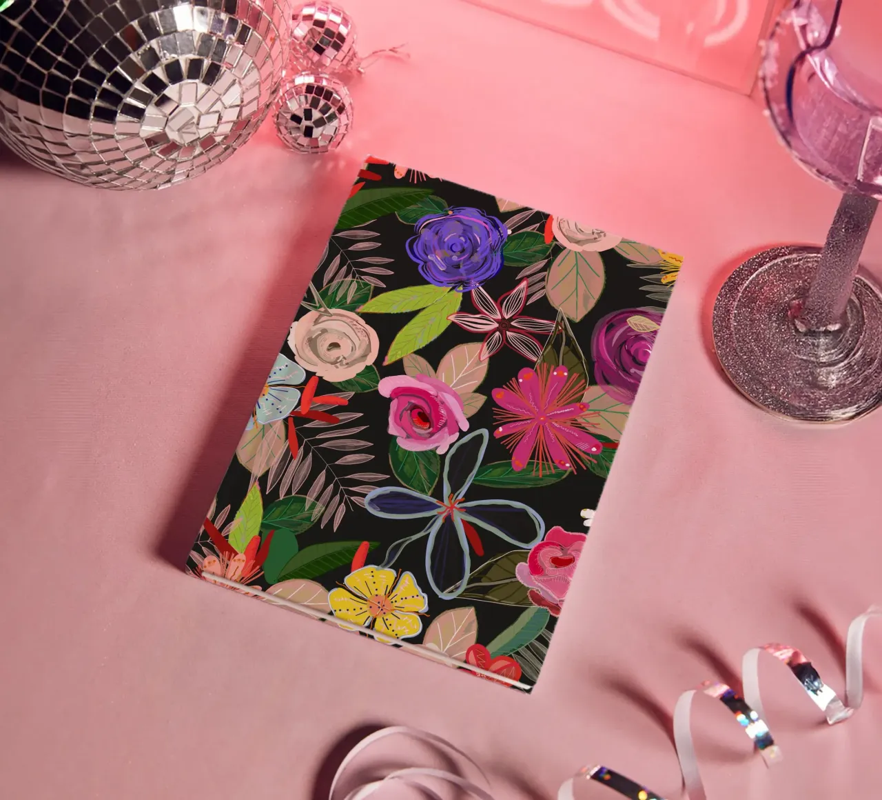 Vivid colorful botanical flowers pattern with black backgrnd notebook by gulsengunel