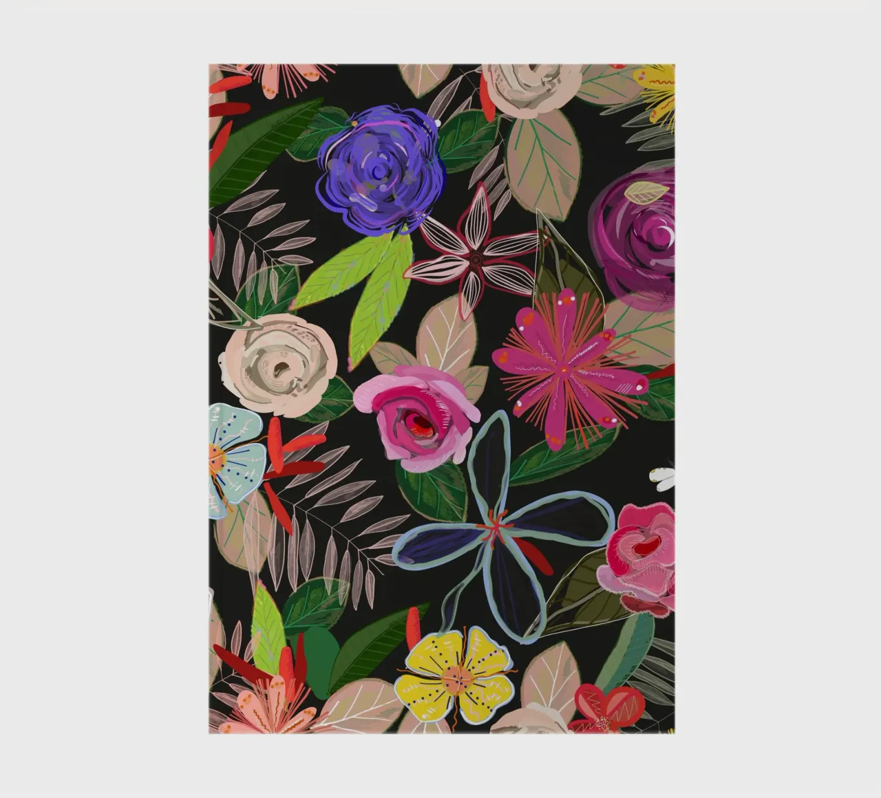 Vivid colorful botanical flowers pattern with black backgrnd notebook by gulsengunel
