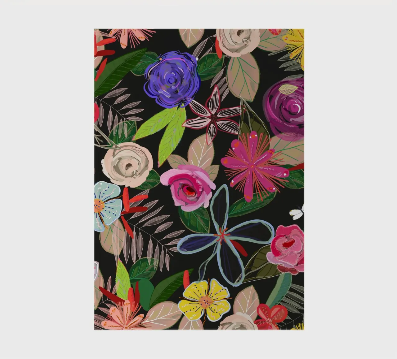 Vivid colorful botanical flowers pattern with black backgrnd notebook by gulsengunel