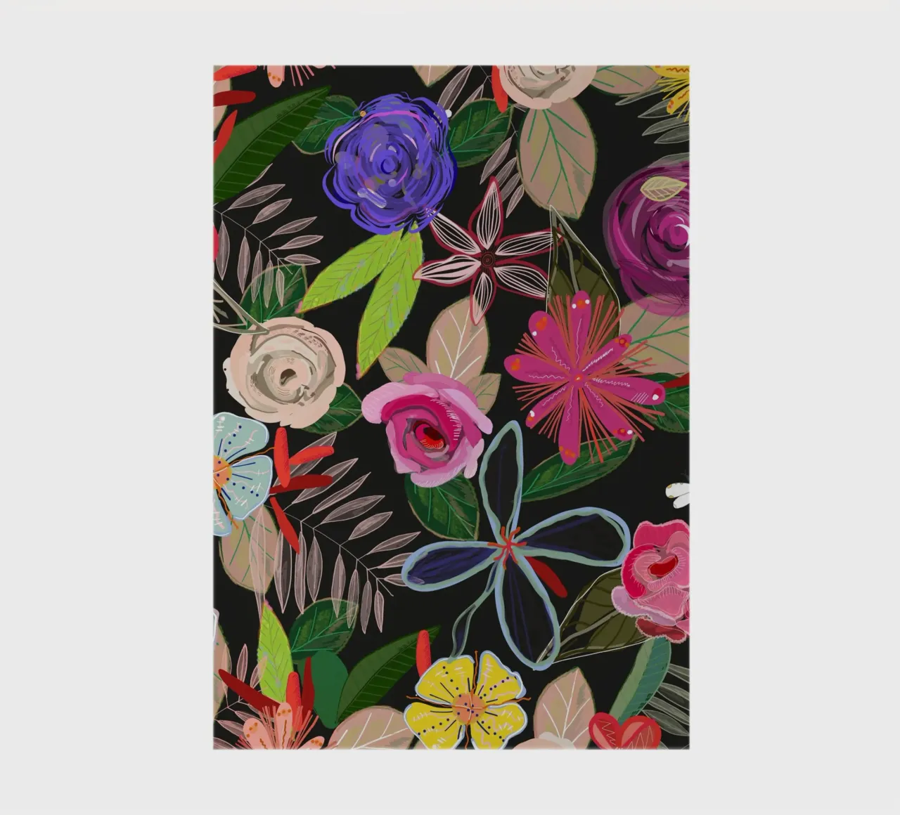 Vivid colorful botanical flowers pattern with black backgrnd notebook by gulsengunel