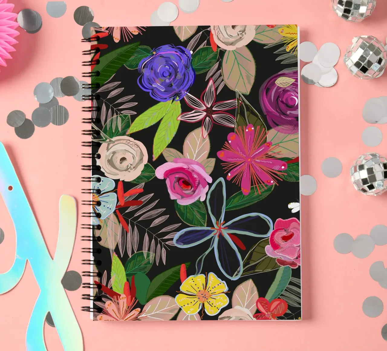 Vivid colorful botanical flowers pattern with black backgrnd spiral notebook by gulsengunel