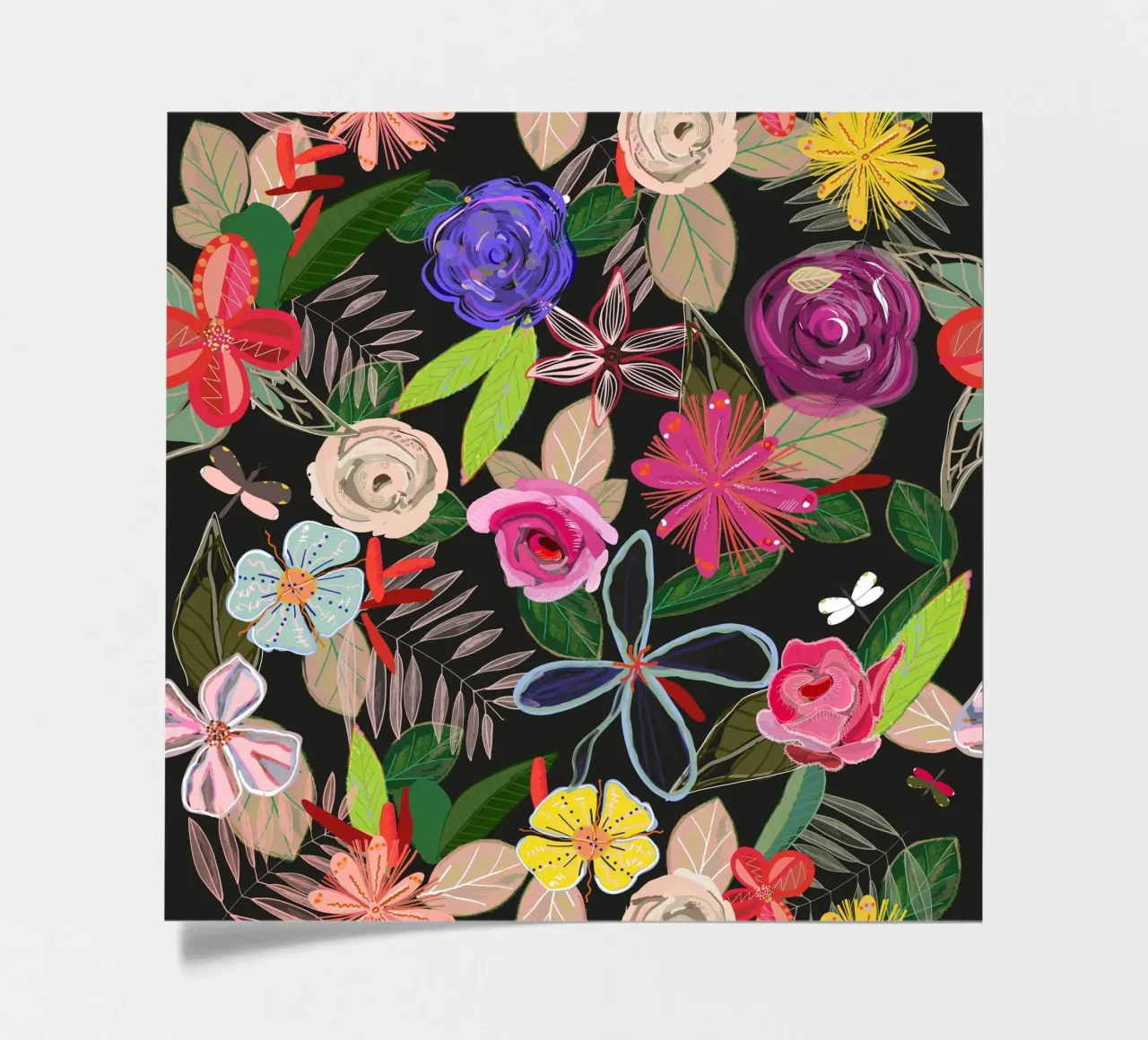 Vivid colorful botanical flowers pattern with black backgrnd sticker sheet by gulsengunel