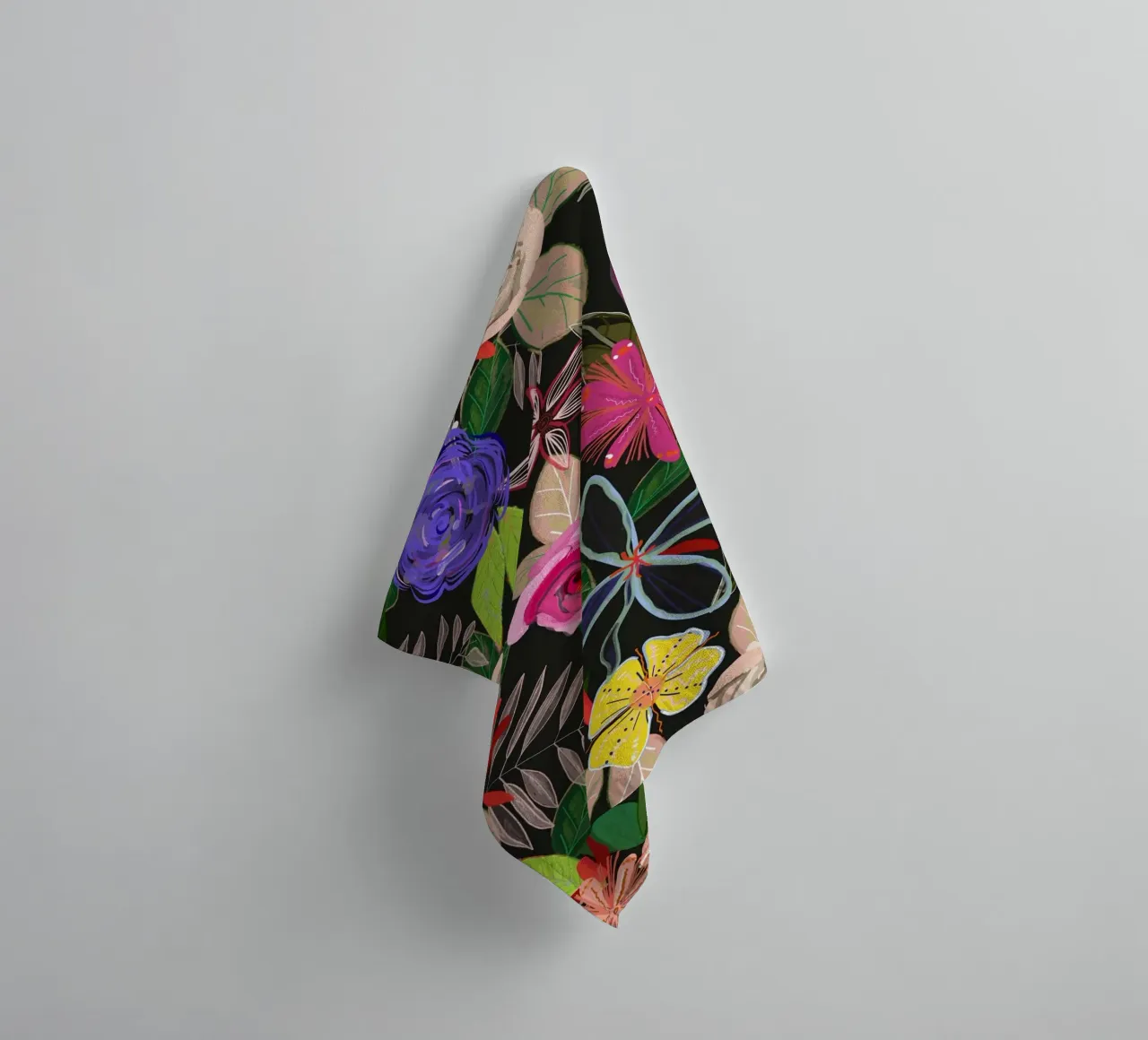 Vivid colorful botanical flowers pattern with black backgrnd towel by gulsengunel