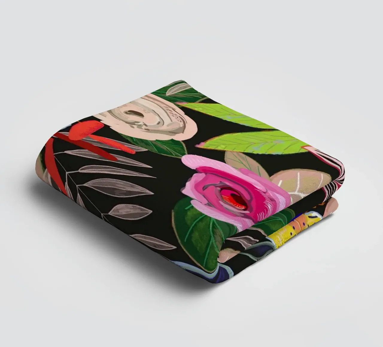 Vivid colorful botanical flowers pattern with black backgrnd towel by gulsengunel