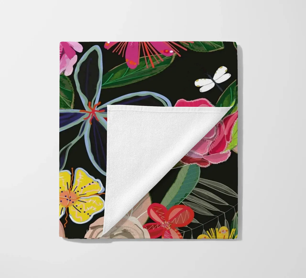 Vivid colorful botanical flowers pattern with black backgrnd beach towel by gulsengunel