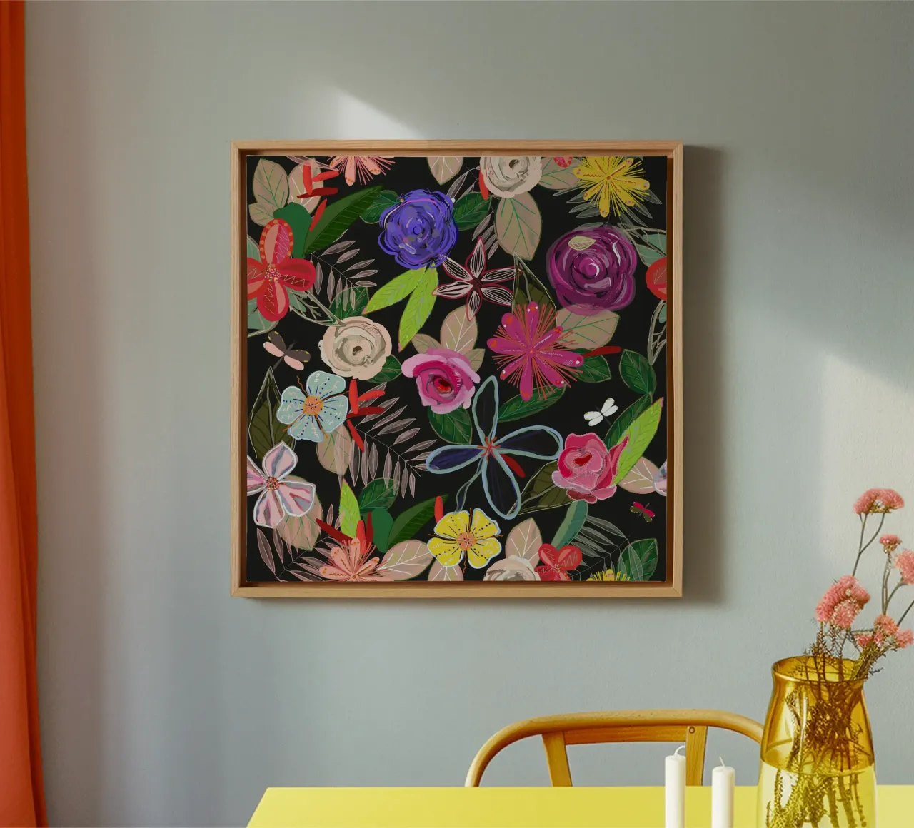 Vivid colorful botanical flowers pattern with black backgrnd canvas by gulsengunel