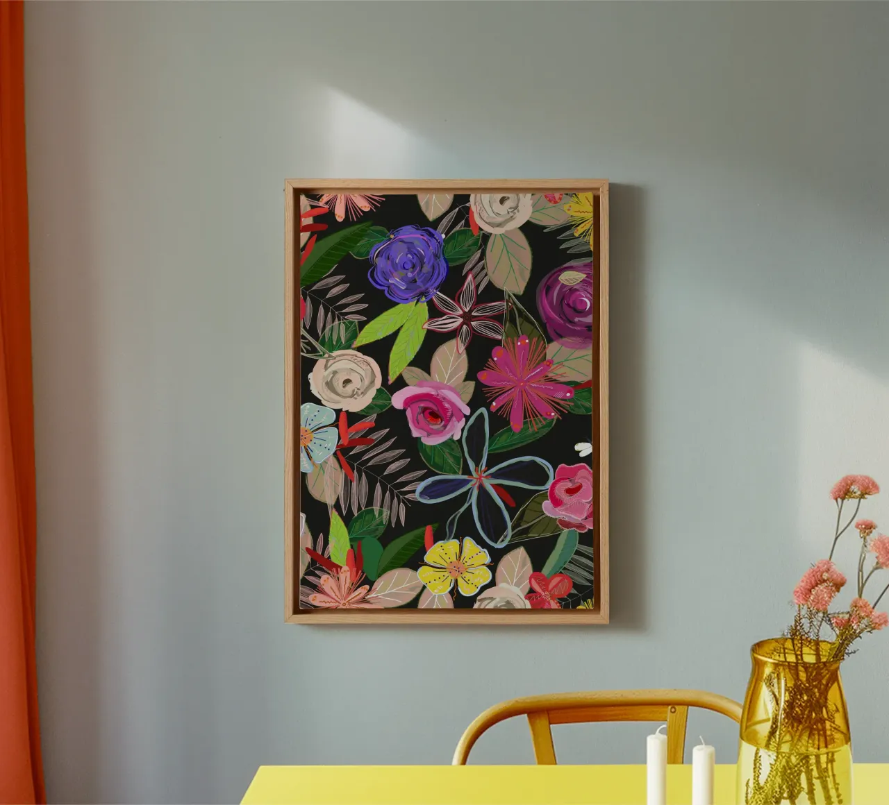 Motif de fleurs botaniques aux couleurs vives sur fond noir toile de gulsengunel
