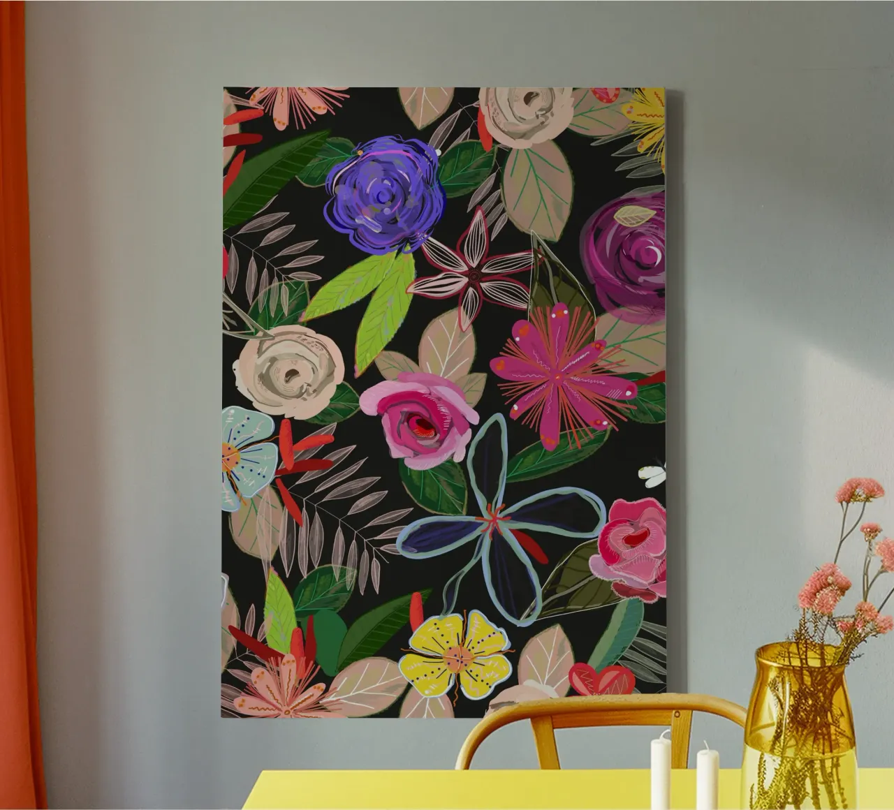 Motif de fleurs botaniques aux couleurs vives sur fond noir toile de gulsengunel
