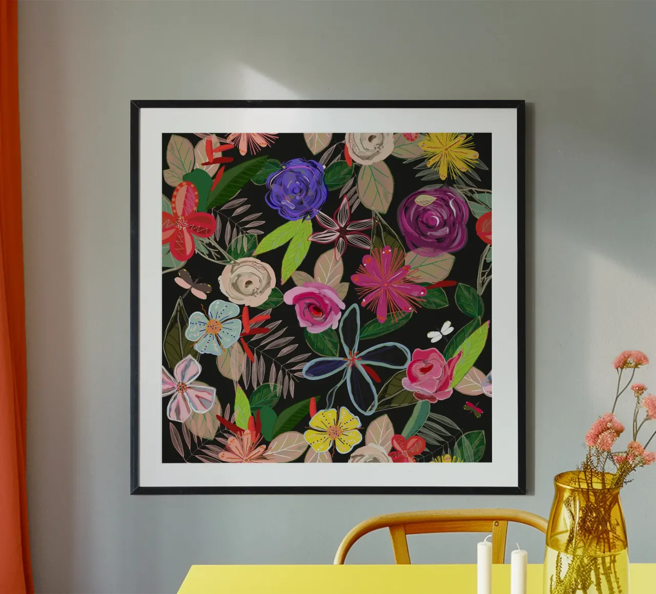 Vivid colorful botanical flowers pattern with black backgrnd hahnemühle by gulsengunel