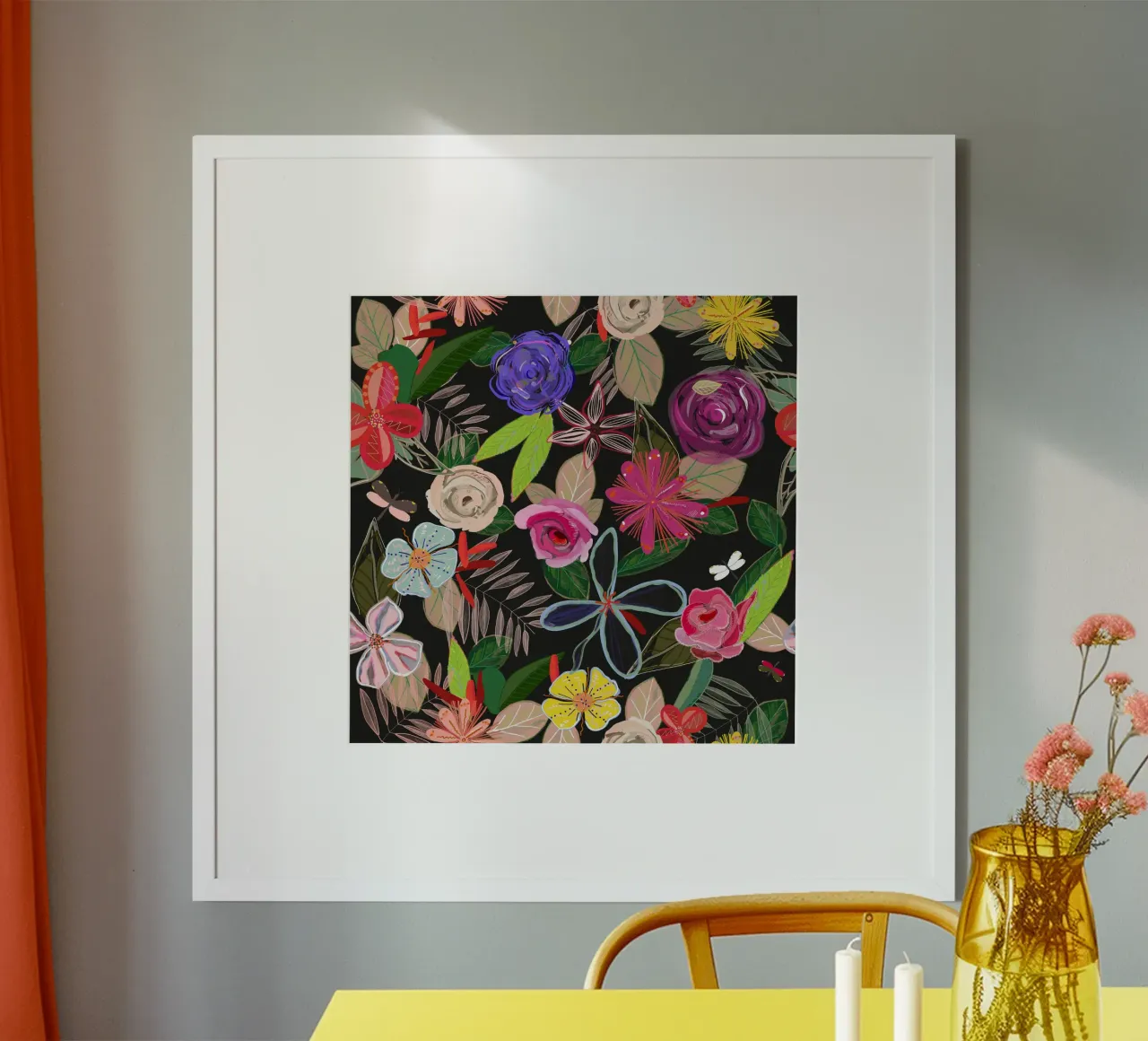 Vivid colorful botanical flowers pattern with black backgrnd hahnemühle by gulsengunel