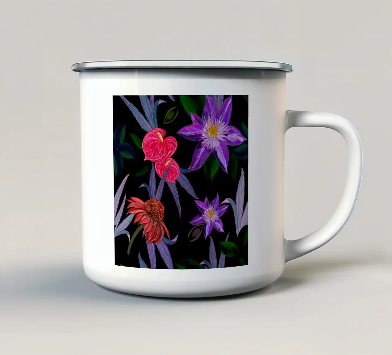 Fiori tropicali nero tazza in smalto da gulsengunel