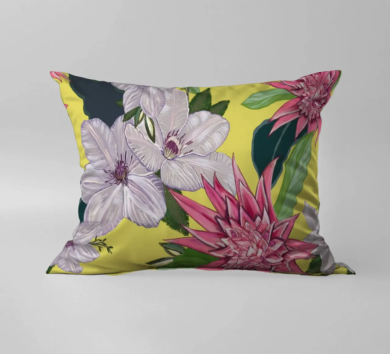 Tropical flowers pattern decorative cushion by gulsengunel