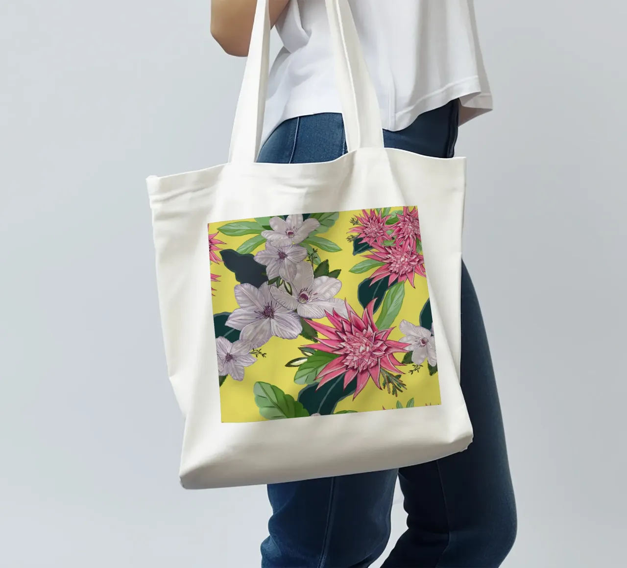 Tropical flowers pattern tote bag by gulsengunel