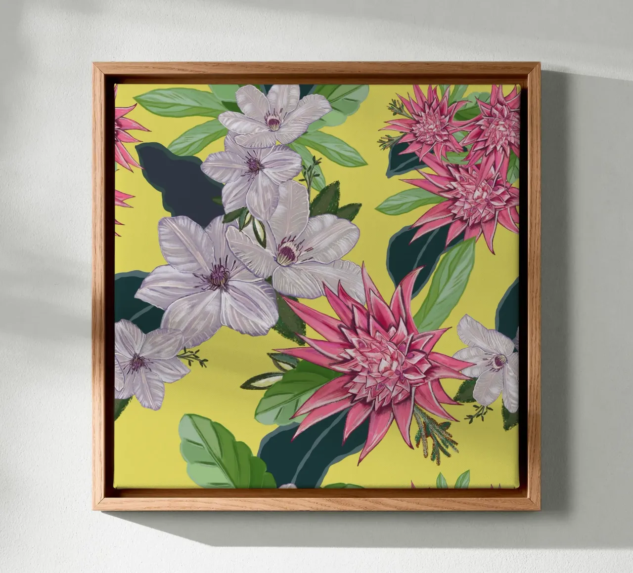 Tropical flowers pattern canvas with Floater frame by gulsengunel