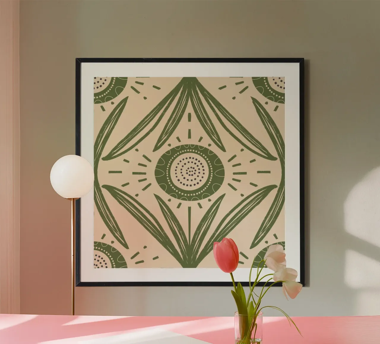 Folk Bloom Radiance - Verde oliva floreale poster con telaio in legno da susanacosta