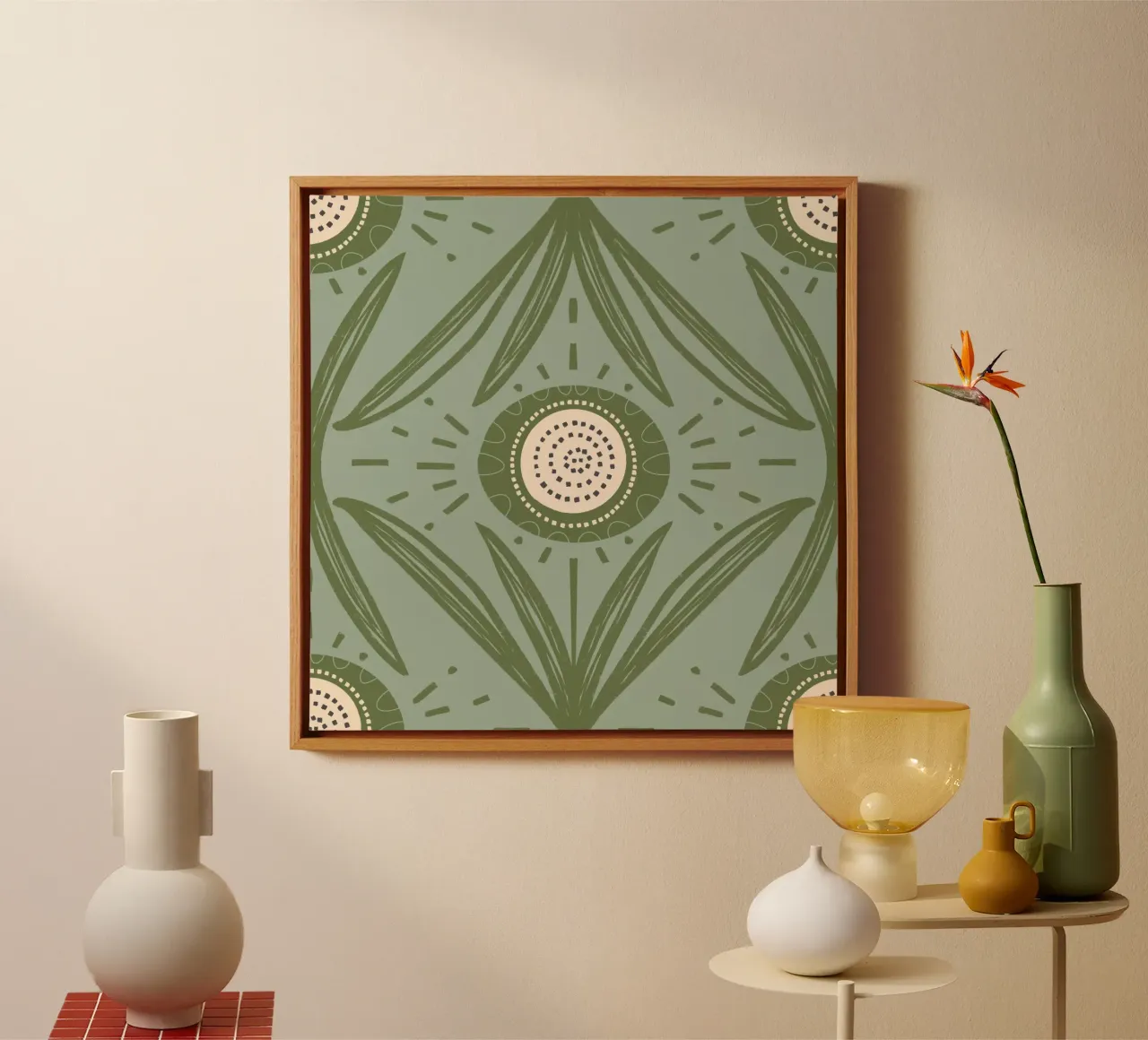 Folk Bloom Radiance - Olijf & Salie Bloemen canvas met Baklijst van susanacosta