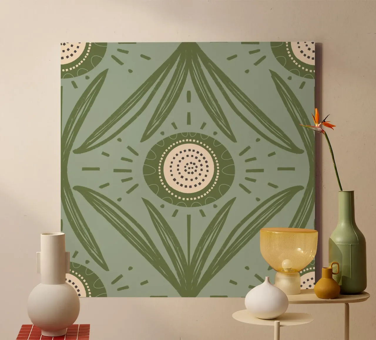 Folk Bloom Radiance - Olijf & Salie Bloemen canvas met Baklijst van susanacosta