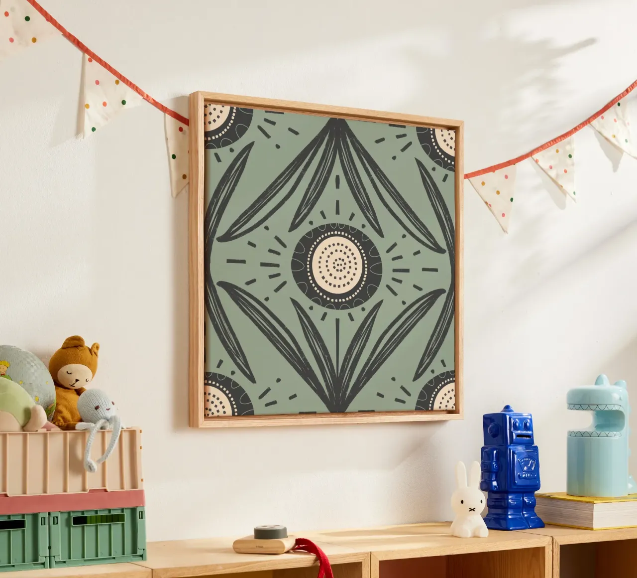Folk Bloom Radiance – Charcoal & Sage Floral canvas by susanacosta