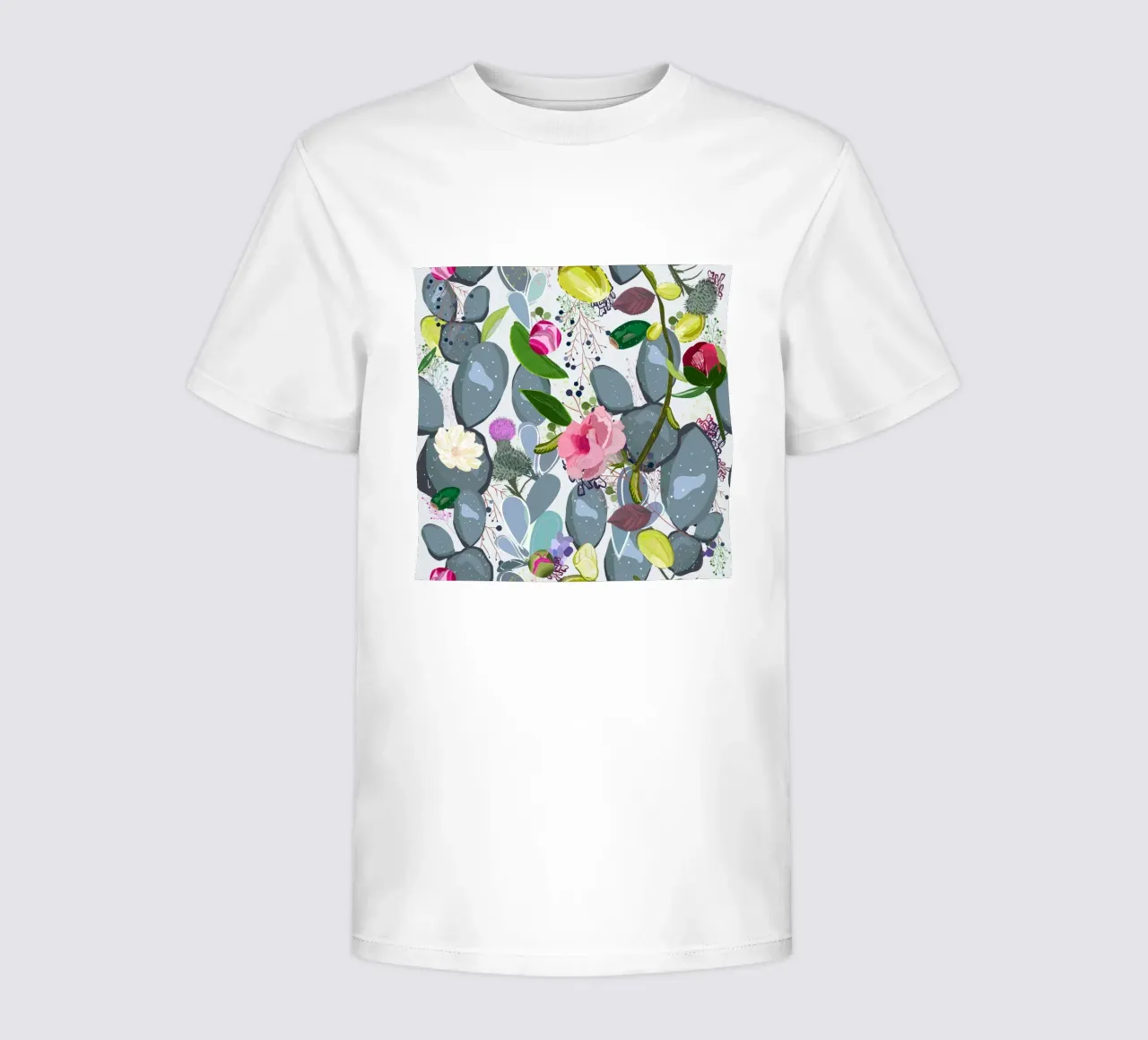Succulent, cactus and bud rose colorful pattern kids t-shirt by gulsengunel