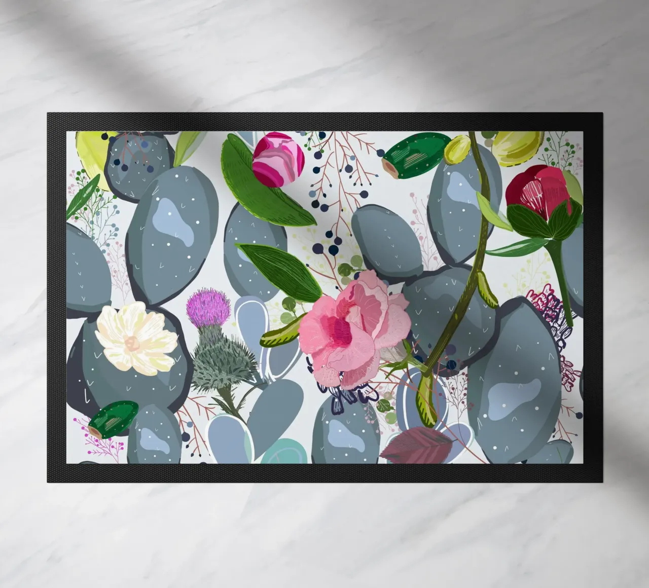 Motif coloré de succulentes, de cactus et de roses en bouton paillasson de gulsengunel