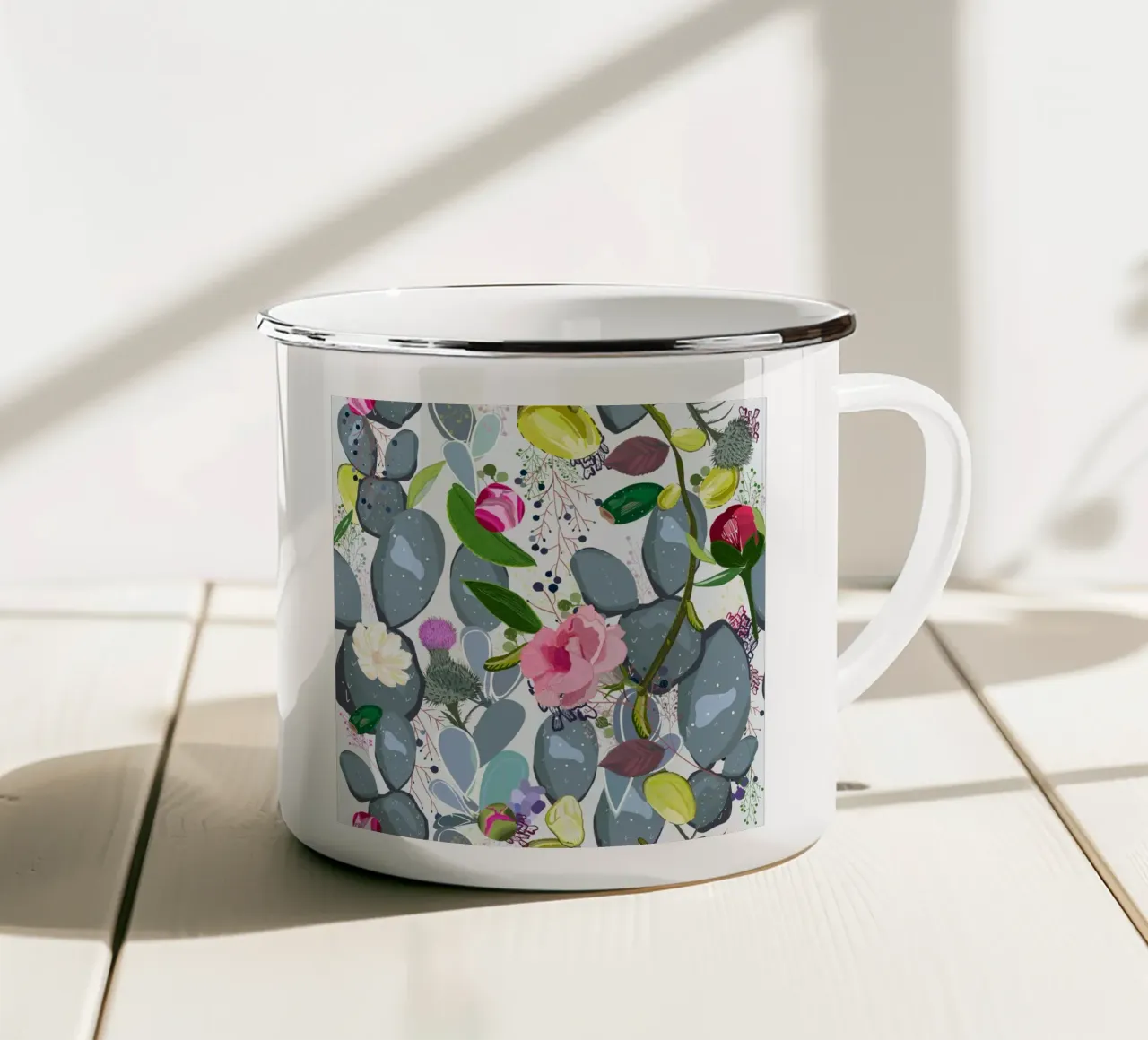 Succulente, cactus e boccioli di rose colorati tazza in smalto da gulsengunel