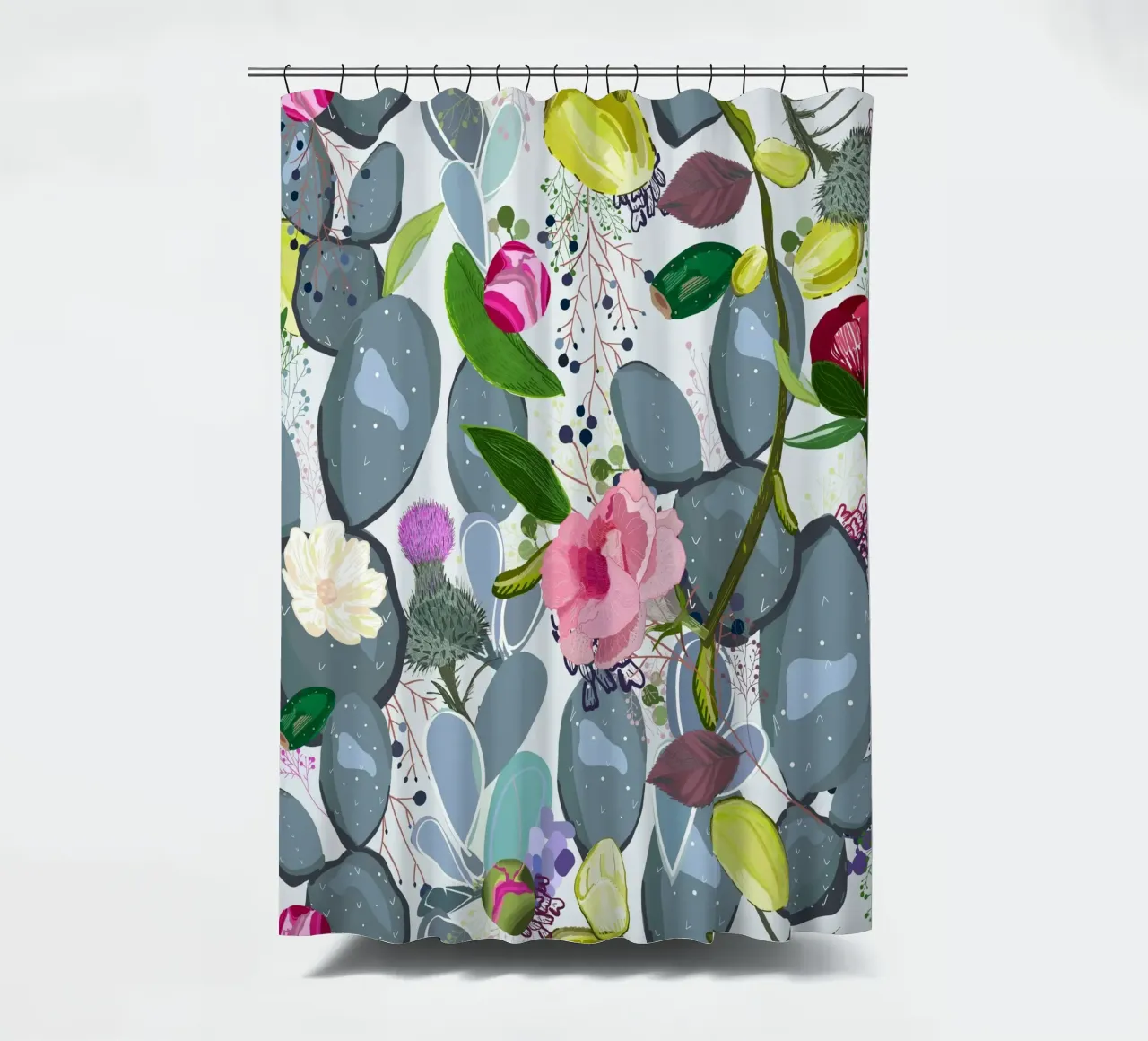 Succulent, cactus and bud rose colorful pattern shower curtain by gulsengunel