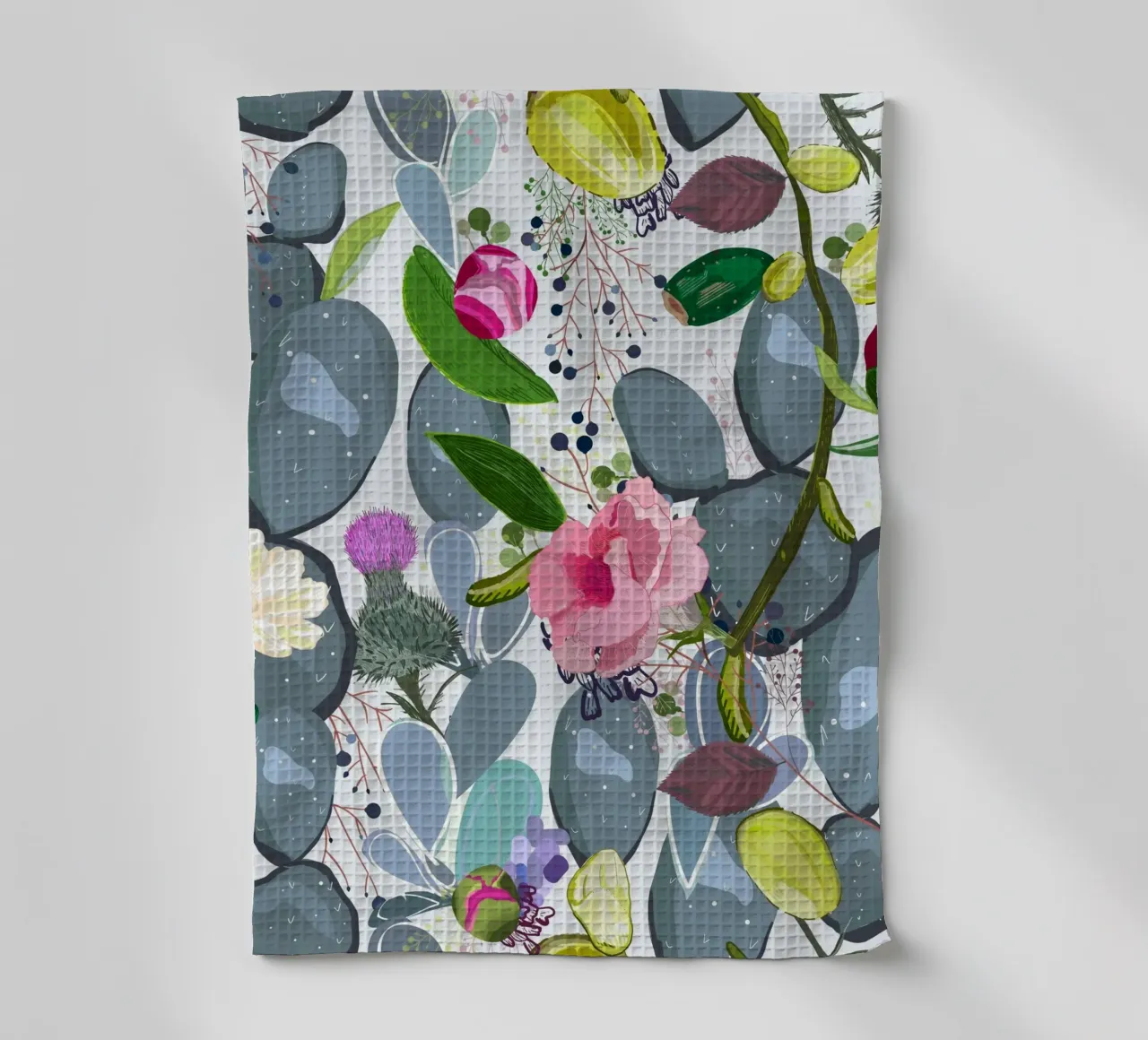 Succulent, cactus and bud rose colorful pattern tea towel by gulsengunel