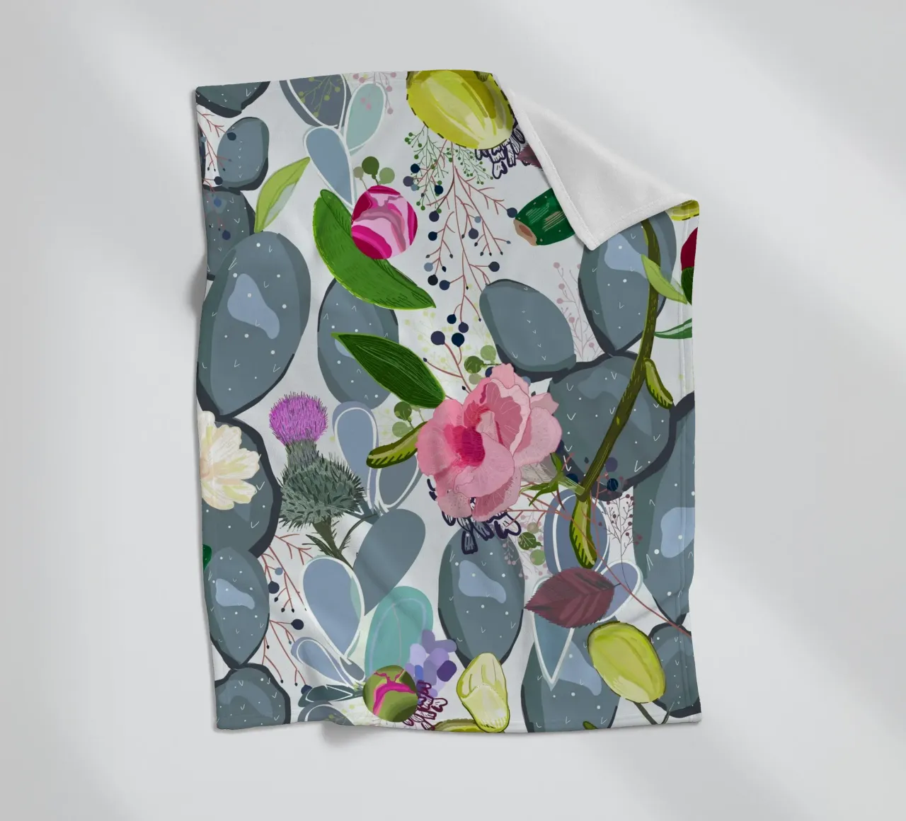 Succulent, cactus and bud rose colorful pattern fleece blanket by gulsengunel