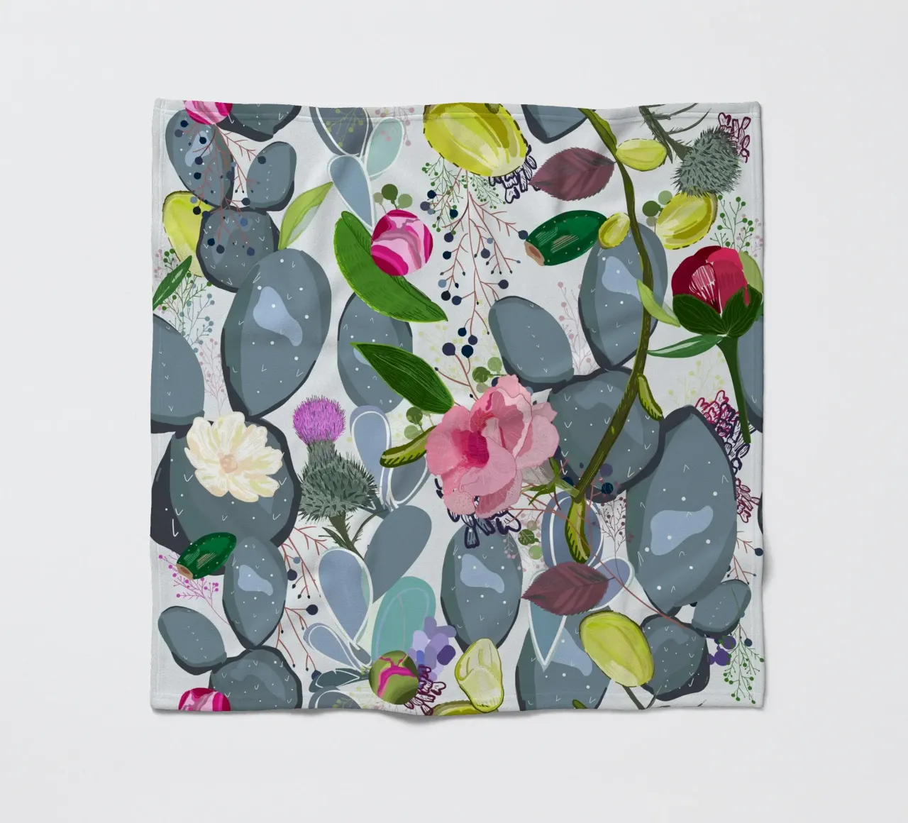 Succulent, cactus and bud rose colorful pattern fleece blanket by gulsengunel