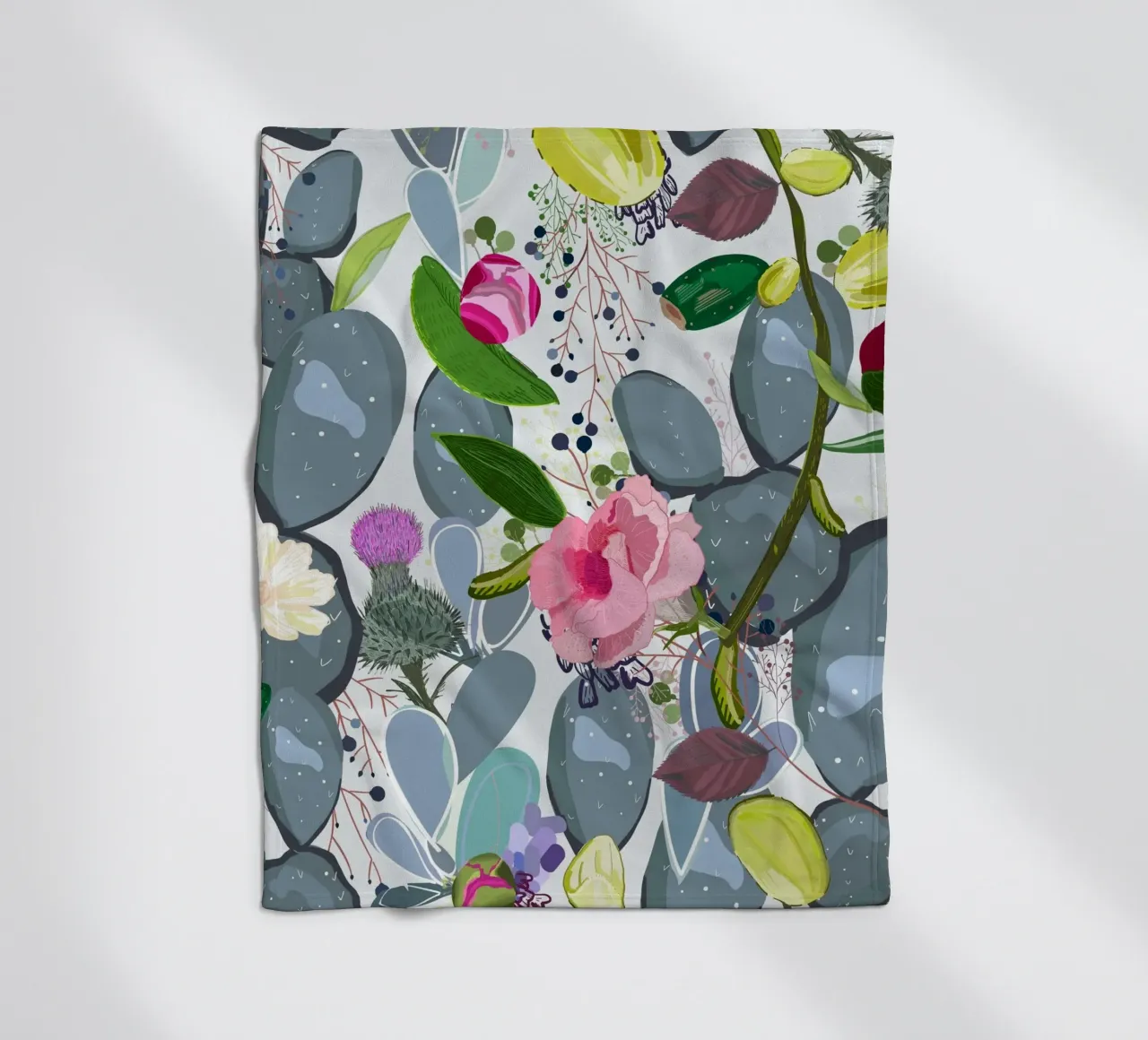 Succulent, cactus and bud rose colorful pattern fleece blanket by gulsengunel