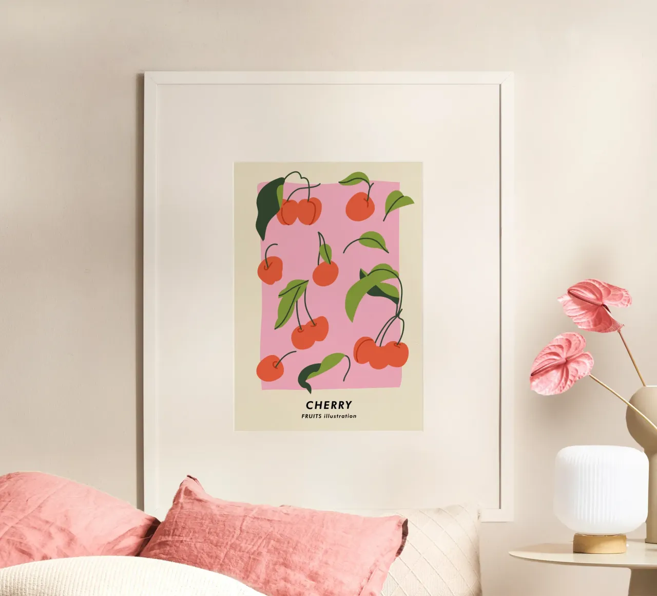 Stampa d'arte minimalista sulla ciliegia - Illustrazione di frutta di tendenza poster con telaio in plastica da ClubArt