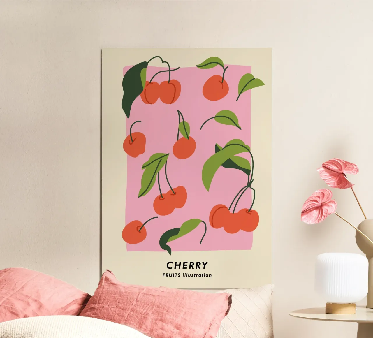 Stampa d'arte minimalista sulla ciliegia - Illustrazione di frutta di tendenza poster con telaio in plastica da ClubArt