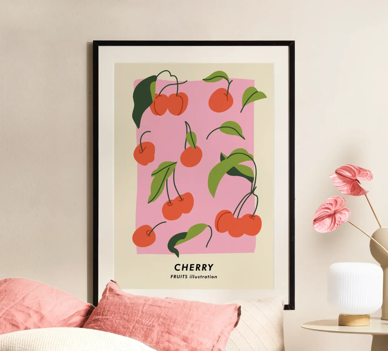 Stampa d'arte minimalista sulla ciliegia - Illustrazione di frutta di tendenza poster con telaio in plastica da ClubArt