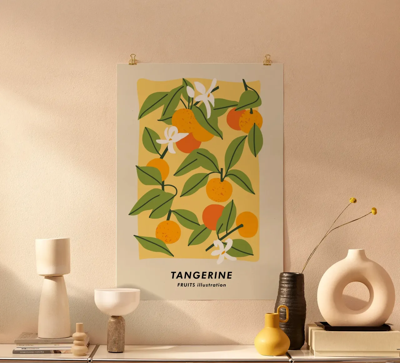 Stampa d'arte Vibrant Tangerine - Illustrazione di agrumi in fiore poster con telaio in legno da ClubArt
