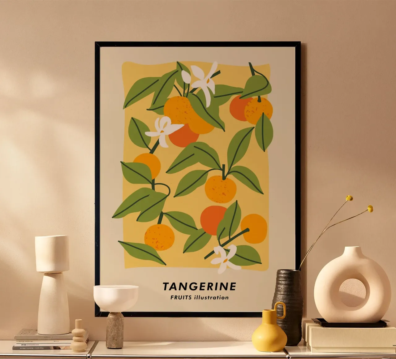 Stampa d'arte Vibrant Tangerine - Illustrazione di agrumi in fiore poster con telaio in legno da ClubArt