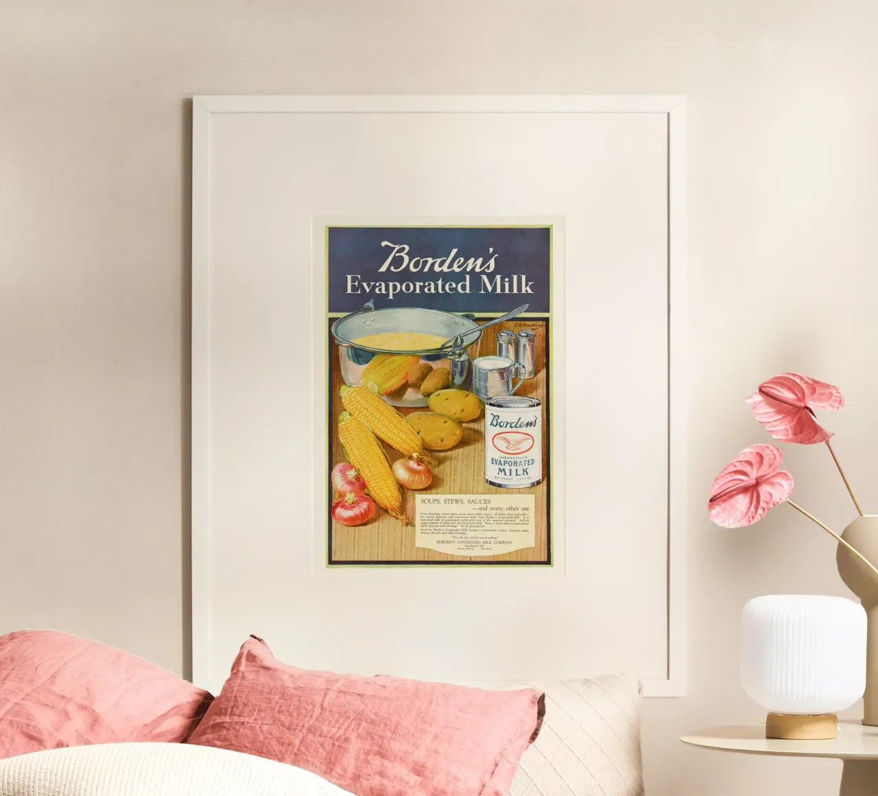 Pubblicità d'epoca del latte evaporato Borden's - Stampa retrò della cucina poster con telaio in plastica da ClubArt