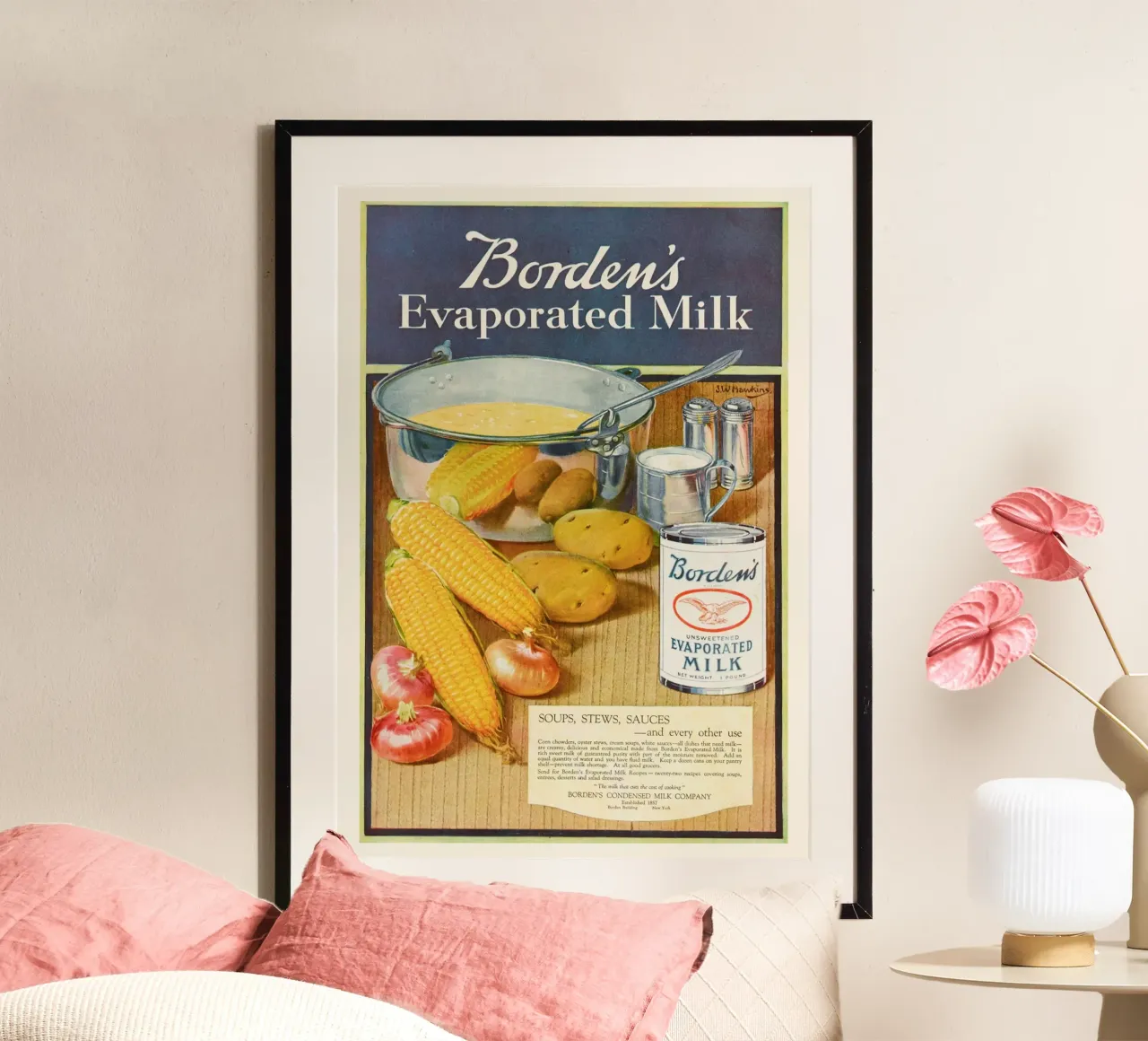 Pubblicità d'epoca del latte evaporato Borden's - Stampa retrò della cucina poster con telaio in plastica da ClubArt