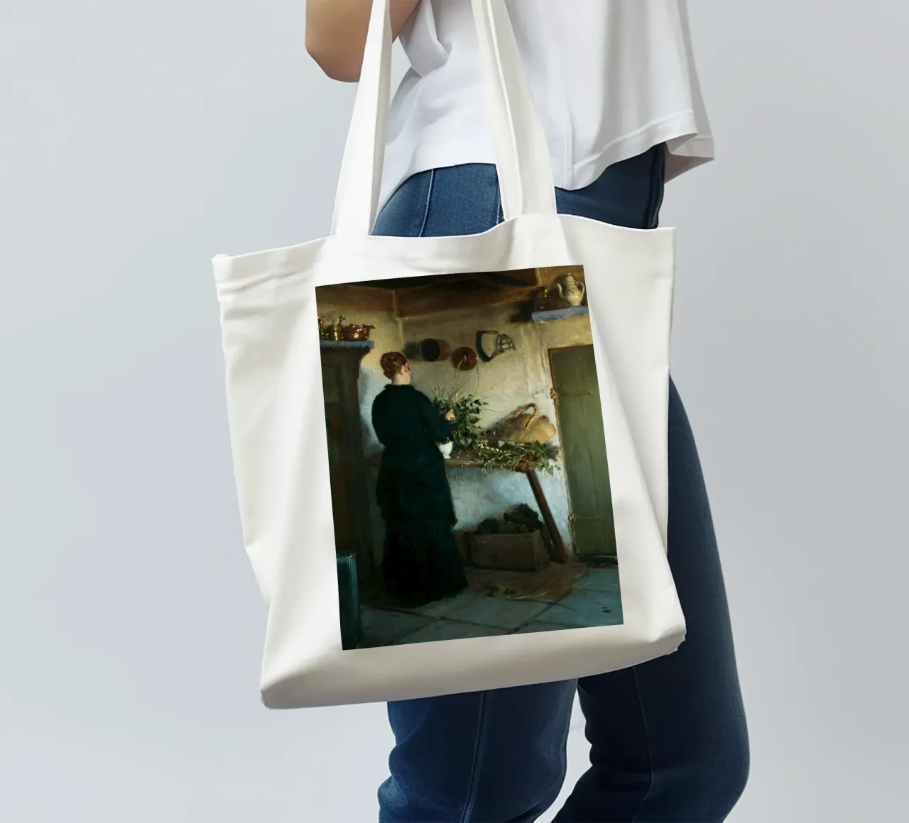 Donna in cucina rustica del XIX secolo - Pittura di genere borsa in juta da ClubArt